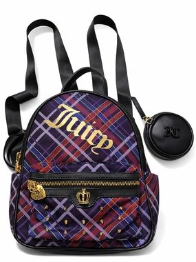 Juicy Couture Tartan Plaid Backpack Crown Studded Mini Bag Charm Y2K Black Gold